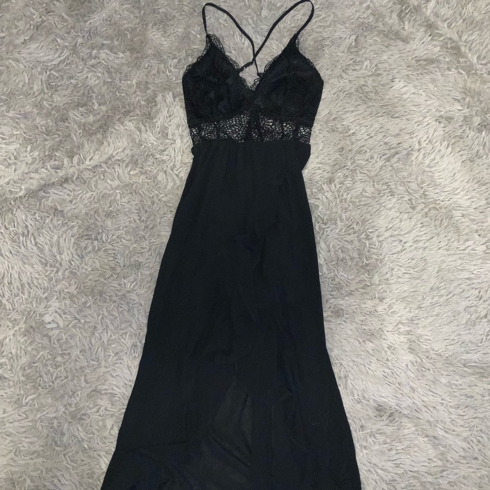 Black Crochet Cross Back High Low ruffle dress